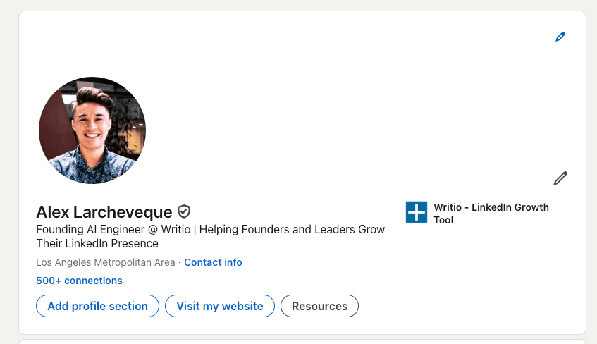Screenshot of a LinkedIn profile page with the profile photo highlighted in the top navigation.