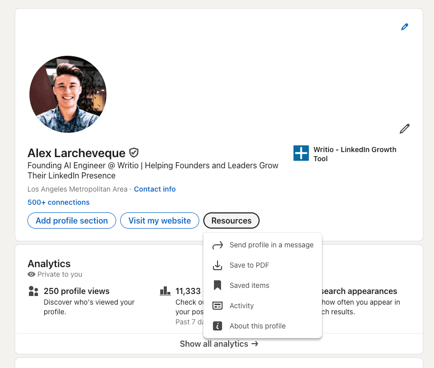 Screenshot of LinkedIn profile header with the 'Resources' button circled next to 'Open to' and 'Add profile section'.