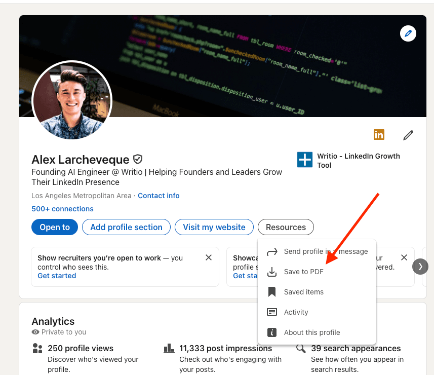 Screenshot of the LinkedIn 'Resources' dropdown menu with 'Save to PDF' highlighted.