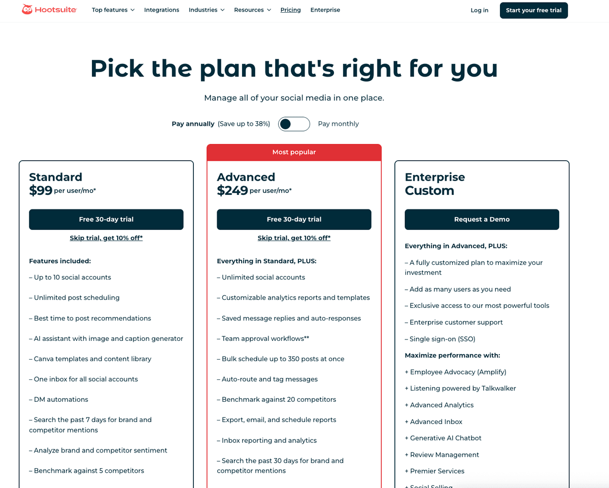 Hootsuite pricing screenshot
