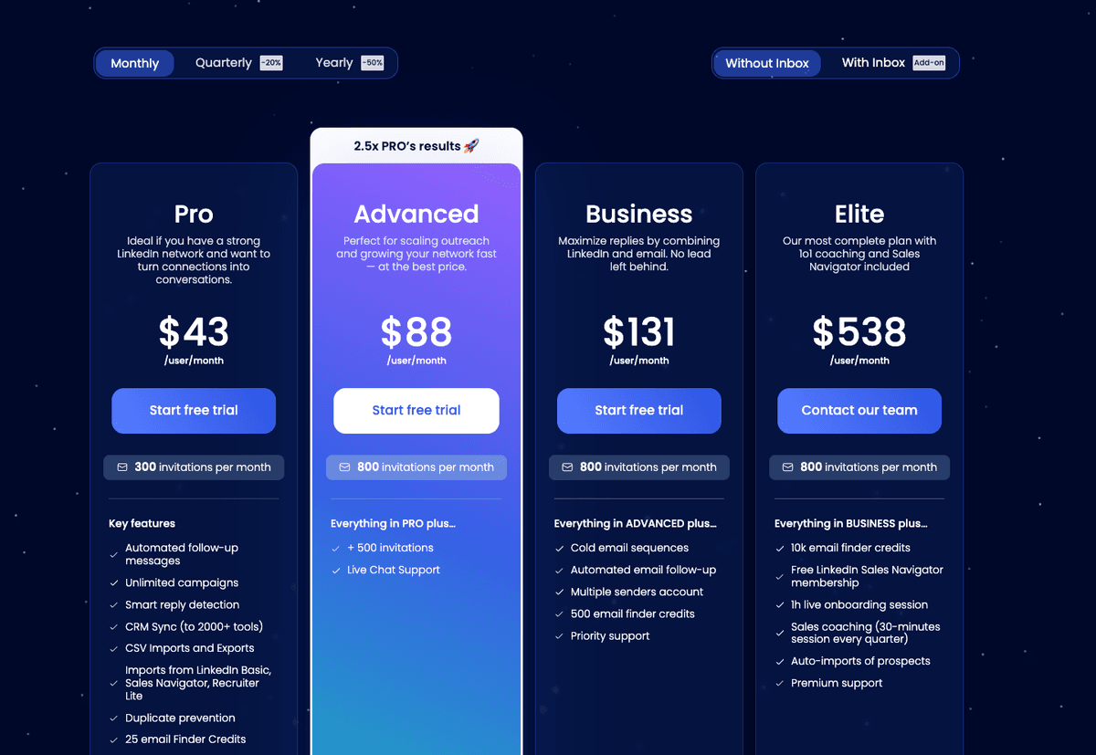 Waalaxy pricing screenshot